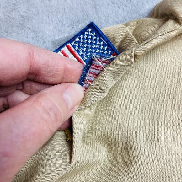 BSA Boy Scouts of America Shirt Mens L Tan Pins Sewn In Patches Golden Empire - Picture 7 of 14